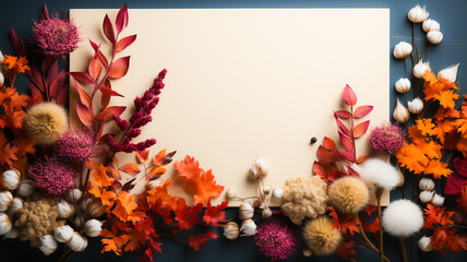 Wall Mural - Colourful and bright autumn flowers surrounding a white background with copy space for text. Created with Generative AI.