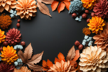 Wall Mural - Colourful autumn flowers surrounding a dark frame. Copy space for text. Created with Generative AI.