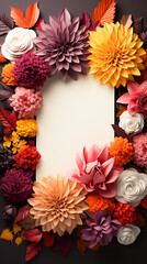 Wall Mural - Colourful and bright autumn flowers surrounding a white background with copy space for text. Created with Generative AI.