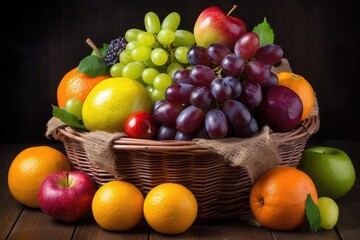 Wall Mural - stack of ripe and juicy fruits in basket, created with generative ai
