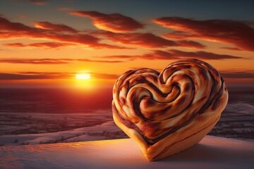 Canvas Print - heart-shaped cinnamon roll against a backdrop of the sunrise or sunset, created with generative ai