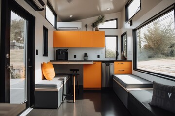 Sticker - tiny home with modern interior and sleek design, featuring minimalist furniture and pops of color, created with generative ai