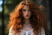 A Redhead Long Hair Young Woman Posing Outdoors, Long Curley Eair Extensions Eyes To Camera, With A Short White Lace Dress, Low Cut, In The Style Of Romantic Academia Made With AI Generative Technolog