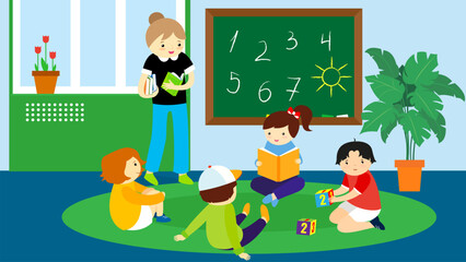 Poster - Children and teacher in the classroom. Vector illustration in flat style.