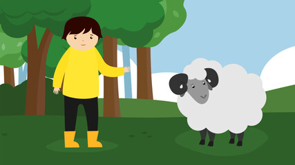 Poster - Sheep and boy in the park. Vector illustration in flat style