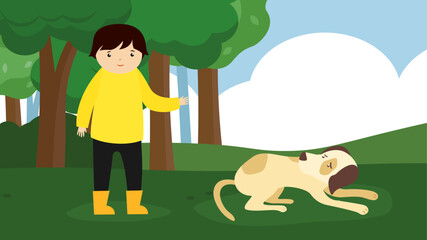 Sticker - Boy playing with a dog in the park. Vector illustration in flat style