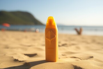 Canvas Print - close-up of sunscreen bottle on sandy beach, created with generative ai