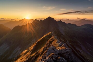 Wall Mural - stunning mountain range, with the sun setting beyond the peaks, viewed from above and below, created with generative ai