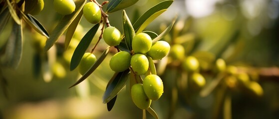 Wall Mural - Close up on a Green Olives on a Branch Generative AI