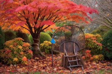 Wall Mural - vibrant fall foliage framing a garden rake, created with generative ai