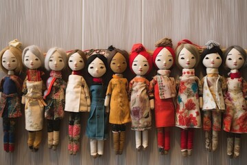 Poster - artful display of finished handmade dolls in a row, created with generative ai