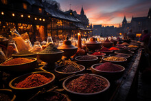 Istanbul's Evening Delights. Bustling Spice Market At Nightfall In Turkey. Exotic Spices AI Generative.
