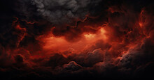 Fiery Red And Black Sky Clouds, Thunderclouds. Dramatic Sky With Heavy Clouds