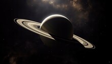 The Planet Saturn Is In A Dark Starry Sky
