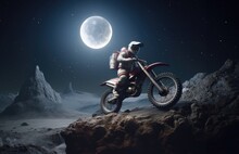 The Man Is Riding A Motorcycle In A Dark Rock And Moon Environment Background