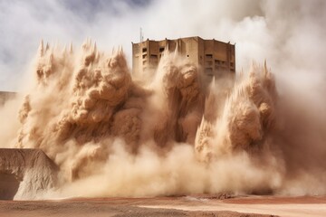 dust cloud rising from collapsed structure, created with generative ai