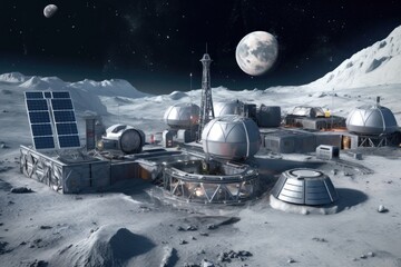 Canvas Print - lunar base with solar panels and telescopes, created with generative ai