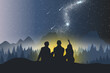 Stargazing looking at dark night sky stars. A group of friends with man woman in silhouette with bonfire. Looking at milky way friendship day concept. Creative vector illustration.