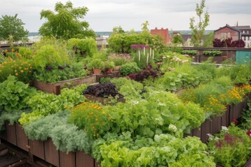 Canvas Print - green rooftop garden with vegetables, herbs, and flowers, created with generative ai