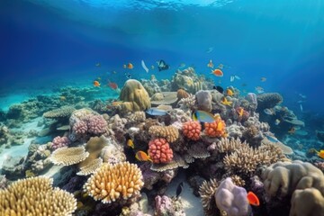 Poster - diverse range of colorful tropical fish swimming in coral reef, created with generative ai