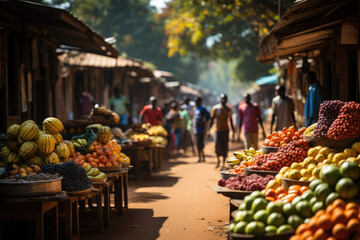 Lively Kenyan Bazaar. Bustling Fruit Market in Nairobi, Kenya. Fresh Produce Concept AI Generative.