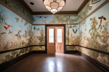 Wall Mural - murals depicting nature scenes with birds and butterflies, created with generative ai