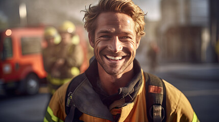 Wall Mural - Portrait of a fireman wearing Fire Fighter turnouts and helmet. Background is red and blue smoke and light. Turnouts are protective clothing.