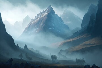 Poster - mountain range shrouded in fog, with peaks visible through the mist, created with generative ai