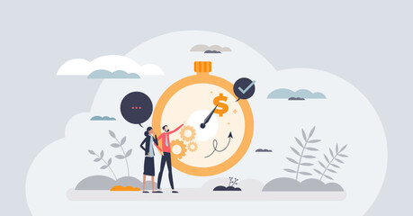 Business strategy with digital marketing series planning tiny person concept. Effective and precise timing for advertisement, ads and commercials in social media for best profit vector illustration.
