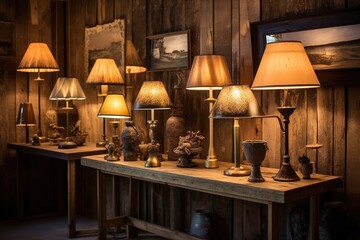 Poster - rustic brass lamp collection displayed in a room, created with generative ai