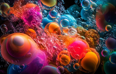 Wall Mural - Abstract Background featuring colorful bubbles of various sizes made of liquid and smoke made with AI generative technology