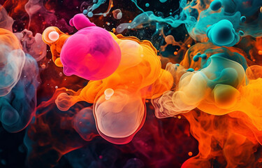 Wall Mural - Abstract Background featuring colorful bubbles of various sizes made of liquid and smoke made with AI generative technology