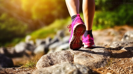 Wall Mural - Woman running sport feet on trail, healthy lifestyle fitness, Generative AI