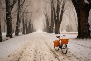 Wall Mural - bicycle with snow-filled basket in an empty park, created with generative ai