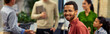 © Friends Stock - Young cheerful mixed race man holding digital tablet and smiling at camera while working with colleagues in the modern office, selective focus