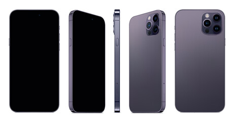 Poster - new smartphone frameless purple color with black screen saver front and backside view isolated on white background. mockup of realistic new mobile phone with shadow. vector 3d isometric illustration