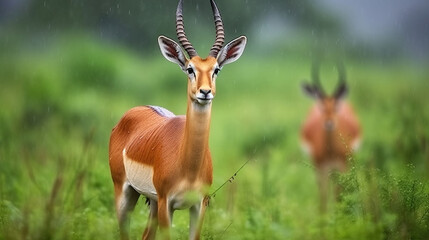 kob antelope in the green vegetation during the rain, cute antelope in the nature habitat, wildlife.