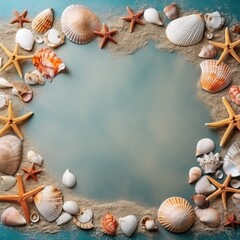 Starfishes and shells frame. Summer concept. Generative AI.
