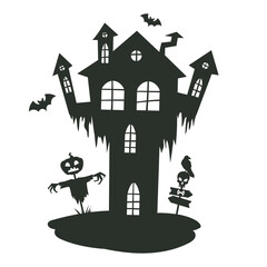 Wall Mural - Creepy ghost house silhouette. Cartoon Halloween haunted old castle, scary monsters haunted house flat vector illustration. House with ghosts