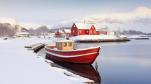 Red Wooden Boat Covered With Layers Of Snow, Beautiful Winter Landscape, Generative AI