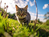 Fototapeta Koty - Cat in the grass at sunset,created with generative ai tecnology.