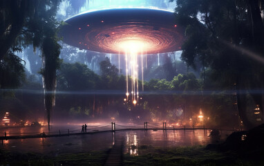 Wall Mural - Alien spacecraft descending on earth,created with generative ai tecnology.