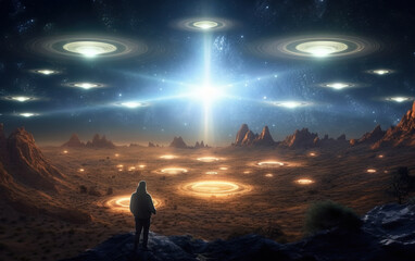Wall Mural - Alien spacecraft descending on earth,created with generative ai tecnology.