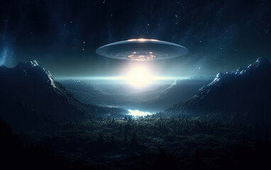 Wall Mural - Alien spacecraft descending on earth,created with generative ai tecnology.