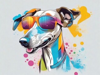 Graphic tshirt vector of a cute happy Great Greyhound dog, wearing sunglasses, detailed design, colorful, contour, white background 8k