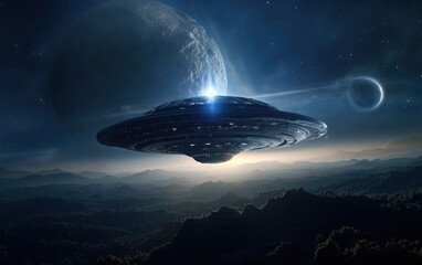 Wall Mural - Alien spacecraft descending on earth,created with generative ai tecnology.