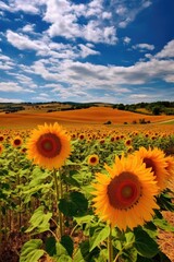 Canvas Print - bright sunflower field on a sunny day, created with generative ai