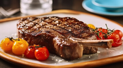 Wall Mural - Juicy Grilled Ribeye Beef Steak, Seasoned with Grains of Salt, Accompanied by Colorful Red and Yellow Tomatoes, Awaiting on the Table. Generative AI