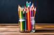 colored pencils on a wooden surface or table on a blurred background, Generative AI