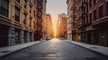 Empty Street At Sunset Time In SoHo District, New York. Generative AI